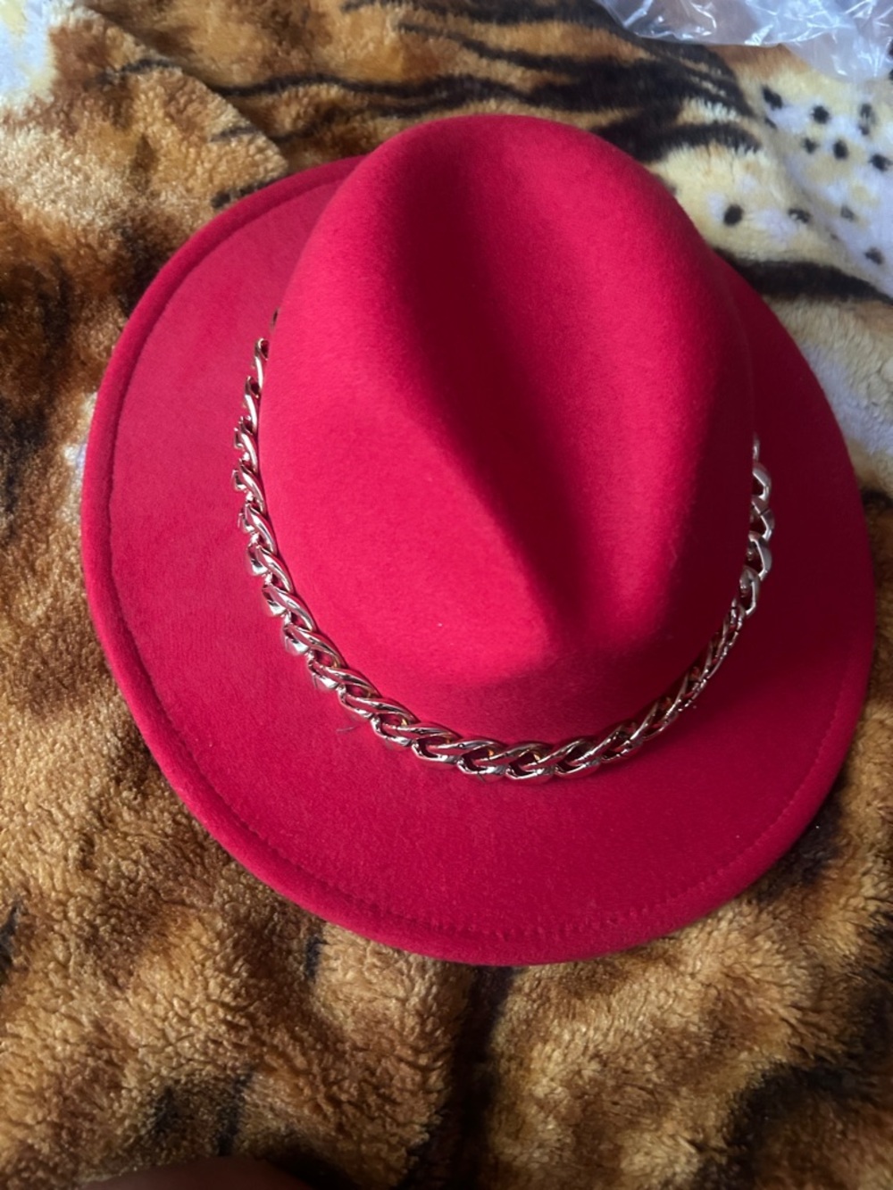 Red Felt Fedora Hat with Gold Chain